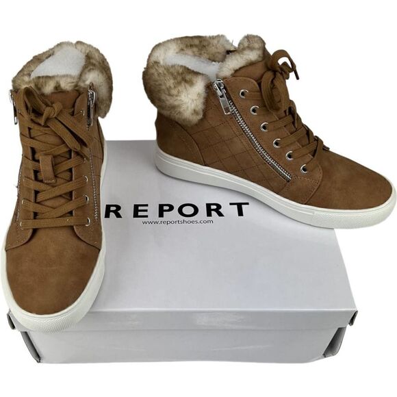 New Report Women US 7.5 Brown Shoes Fur High Top Sneakers Lace Up Zip Booties - Picture 8 of 11